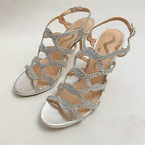 Nina Rhinestone Silver Stiletto High Heels Sz 8.5 M Open Toe And Heel